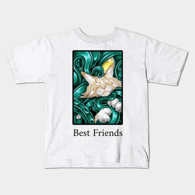 Ginger Cat and Cthulhu Friend - Best Friends - Black Outlined Version Kids T-Shirt by Nat Ewert Art